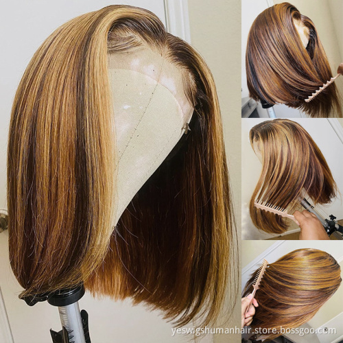 Wholesale Highlight Bob Transparent Lace Frontal Human Hair Wigs Short Bob Wig Honey Brown Pre Plucked Baby Hair Lace Front Wig